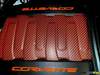 Orange-Black-carbon-fiber-with-matte-finsih-mounted-on-Corvette-engine-cover