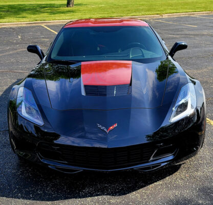 Deep Red Black carbon fiber wrap on Corvette Hood and roof